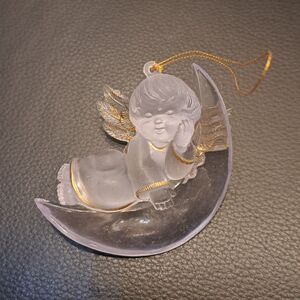 Vintage Angel Cherub Sleeping on a Crescent Moon Frosted & Gold Tone Ornament